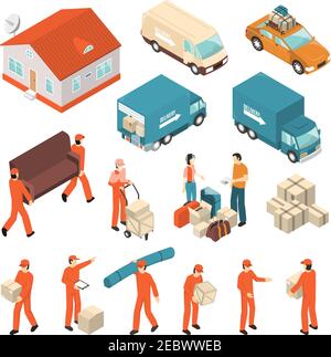 Umzugsunternehmen professionelle Verpackung Transport Entladen und Lieferung zertifizierten Service Isometrische Symbole Sammlung isolierte Vektor-Illustration Stock Vektor