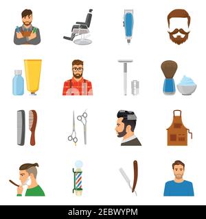 Set von flachen Icons mit Friseur und Kunden Scheren Kamm Bürste und Schaumstofftrimmer isolierte Vektordarstellung Stock Vektor