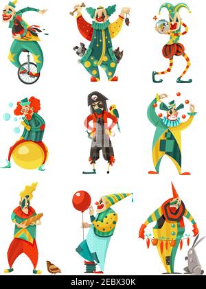 Lustige Zirkus Clowns isoliert dekorative Ikonen in Farbe mit gesetzt Trick Zyklus Piraten Kostüm und Ballon Vektor Illustration Stock Vektor