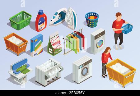 Wäsche isometrische Trockenreinigung Set mit Reinigungsmitteln Waschmaschinen Kleidung Vektor-Illustration für Trockner und gesichtslose menschliche Figuren Stock Vektor