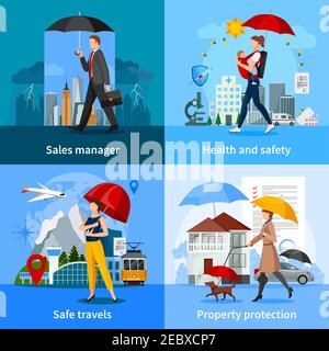 Konzept im flachen Stil mit Agenten- und Versicherungsdienstleistungen für Gesundheitsreisen und Eigentum isoliert Vektor Illustration Stock Vektor