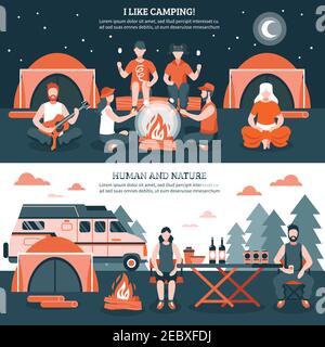 Zwei horizontale Camping- und Wanderbanner mit Gruppen von Wohnung Gesichtslose Menschen Zeichen Zelt und Lagerfeuer Vektor Illustration Stock Vektor