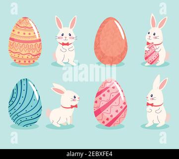 Frohe ostern Saisonkarte mit Set von vier Eiern und Kaninchen Stock Vektor