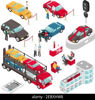 Autohändler Luxus-Fahrzeuge Verkauf Vermietung Showroom isometrische Symbole Sammlung Mit Auto-Trader und Kunden isoliert Vektor-Illustration Stock Vektor