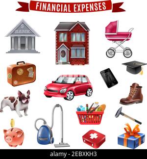 Durchschnittliche Familienhaushaltskosten Wohnung Icons Sammlung mit Wohntransport Lebensmittel Kleidung und Bildung isoliert Vektor Illustration Stock Vektor