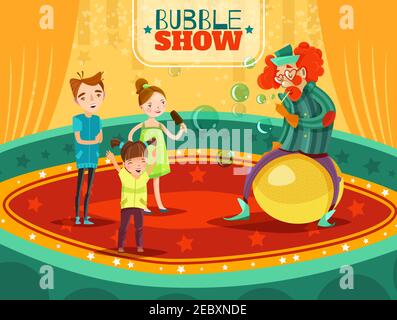 Reise Zirkus Clown Bubble Show Leistung mit Kindern auf der Arena Retro Cartoon Stil Poster Vektor Illustration Stock Vektor