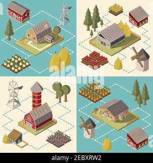 Farm isometrisches Konzept mit Mühlenfeldern und Ernte Scheune und Silobäume und Heu isoliert Vektor-Illustration Stock Vektor