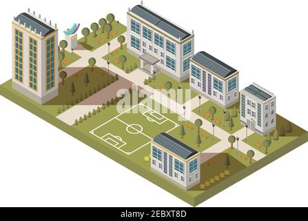 Isometrische Universität große Zusammensetzung mit Campus Hof Gassen Häuser mit Schatten und Fußball Spielplatz Vektor Illustration Stock Vektor