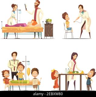 Kranke Kinder Behandlung im Krankenhaus 4 Retro-Cartoon-Symbole mit Ärzte Krankenschwester und Eltern isoliert Vektor-Illustration Stock Vektor