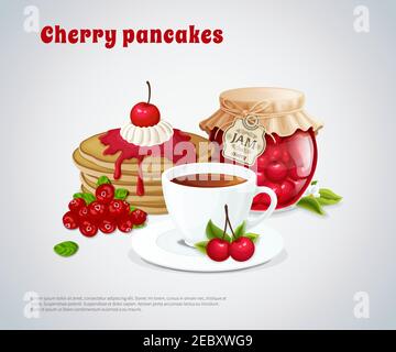 Kirschpfannkuchen mit Glas Marmelade Tasse Tee Blume Und Beeren auf grauem Hintergrund Vektor-Illustration Stock Vektor