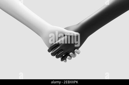 Moderne schwarz-weiße 3D gerenderte Handshake-Tapete mit weißen und schwarzen Händen. Stockfoto