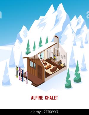 Alpine Chalet mit Ständer für Skier klassischen Kamin und komfortabel Möbel im Winter Berge isometrische Vektor-Illustration Stock Vektor