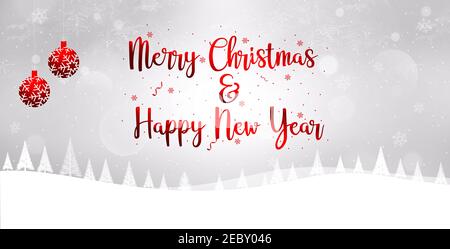 Weihnachts-Design-Banner mit roten Kugeln und Typografie in der Mitte. Moderne weihnachten wünscht Hintergrunddesign Stockfoto