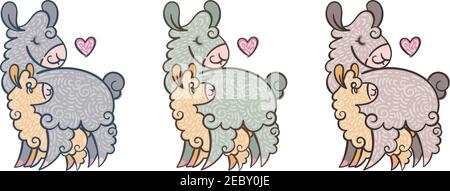 Set von niedlichen lockigen Lamas Mama mit Baby. Illustration in verschiedenen Farben für Malvorlagen, Kinder und Erwachsene Drucke, Muttertag Stock Vektor