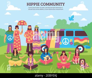 Hippie-Komposition mit flachen Freak-Charakteren von Blumenkindern gesichtslos Zeichen und regenbogenfarbenen Minivan Haus Vektor Illustration Stock Vektor