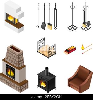 Kamin isoliert Zubehör Set mit isometrischen Bildern von Poker-Set Stücke von Brennholz Streichhölzer und Gitter Vektor-Illustration Stock Vektor