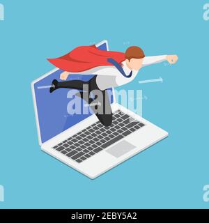 Flat 3D Isometric Super Geschäftsmann Fliegen aus Laptop-Bildschirm. Business Startup und Online Marketing Boost Konzept. Stock Vektor