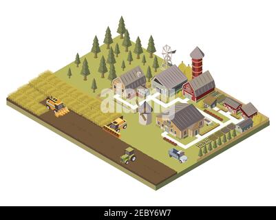 Landwirtschaftliche Gebäude landwirtschaftliche Fahrzeuge und kultivierte Felder Garten Betten und Bäume Spuren und Zaun isometrische Vektor-Illustration Stock Vektor