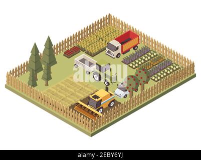 Landwirtschaftliche Fahrzeuge isometrische Design mit Erntemaschine LKW und Traktor Ackerland und Gartenbeete Vektorgrafik Stock Vektor