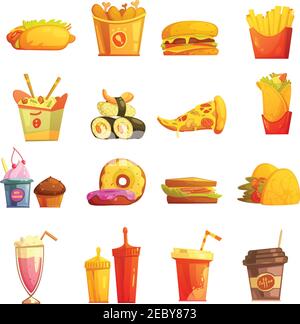 Fast Food Retro Cartoon Icons Kollektion mit Hot Dog Sushi hamburger und Donuts abstrakt isoliert Vektor-Illustration Stock Vektor