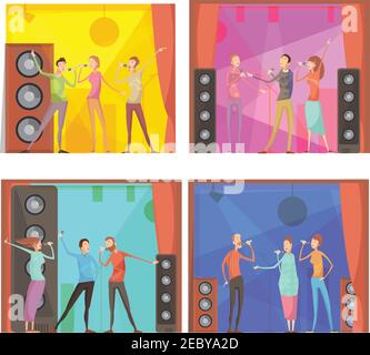 Set von vier flachen Karaoke Party Kompositionen mit Gruppe von Singende Freunde Charaktere in Club Innenraum Vektor-Illustration Stock Vektor