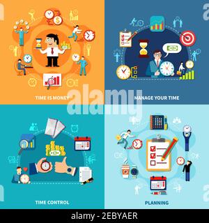 Square Time Management Design-Konzept mit runden Piktogramm Kompositionen gesetzt Organizer Symbole Personen und Alarm Erinnerung Vektor-Illustration Stock Vektor