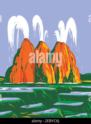 WPA Poster Art der Fly Geyser oder Fly Ranch Geyser, ein kleiner farbenfroher Geysir Geysir in Washoe County, Nevada, in Arbeiten Projekt Admin getan Stock Vektor