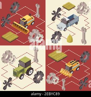 Landwirtschaftlicher Fahrzeuge isometrisches Konzept mit Traktor- und LKW-Ersatzteilen Und Arbeitswerkzeuge Felder isolierte Vektor-Illustration Stock Vektor