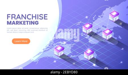 3D Isometric Web Banner Franchise Store auf der Weltkarte rund um die Welt. Franchise Business Marketing Konzept. Stock Vektor