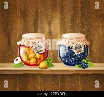 Gläser mit Erdbeere und Heidelbeermarmelade verziert Blume im Regal Auf Holzplanken Hintergrund 3D Vektor-Illustration Stock Vektor