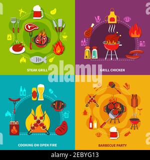 Set mit verschiedenen Cartoons über das Kochen auf offenem Feuer Steak Grill und Grill Chiken auf Grill Party Vektor-Illustration Stock Vektor