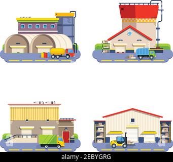 Lagergebäude unterschiedlicher Größe und Form mit Transport für Flache Symbole für Warenlieferung auf weißem Hintergrund isoliert Vektor gesetzt Abbildung Stock Vektor