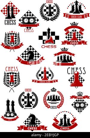 Schachbretter und Figuren für Schachspiel-Ikonen mit König und Königin, Rook und Ritter, Bauer und Uhr Elemente, umgeben von heraldischen Lorbeerkranz Stock Vektor