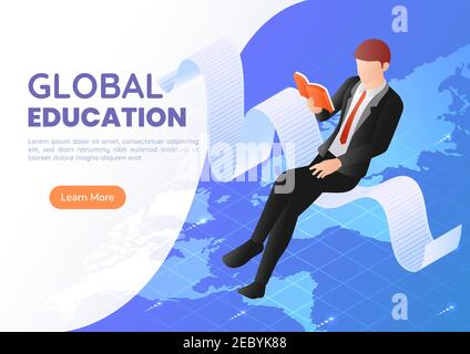 3D Isometrisches Web-Banner Geschäftsmann sitzen Lesebuch über der Weltkarte. Internationales und globales Business Education Konzept. Stock Vektor
