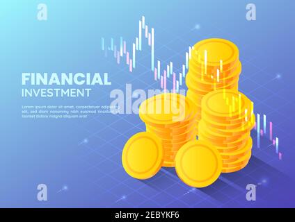 3D Isometrisches Webbanner Goldene Geldmünze mit Börsenhandelsgraph. Finanz- und Investitionskonzept. Stock Vektor