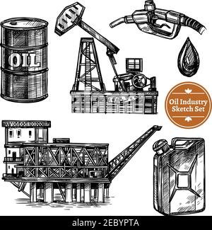 Handgezeichnete Skizze Öl-Industrie-Set mit Öl Offshore-Plattform Bild und Elemente der Füllstation isolierte Vektordarstellung Stock Vektor