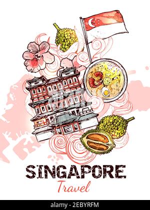 Singapur handgezeichnetes Skizzenposter mit Flagge von republic buddha Zahn Reliquie Tempel und Marina Bay Sand Symbole Vektor-Illustration Stock Vektor