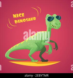 Nette lustige grüne Dinosaurier in Sonnenbrille Cartoon Figur Spielzeug auf Roter Hintergrund Poster Print abstrakten Vektor Illustration Stock Vektor