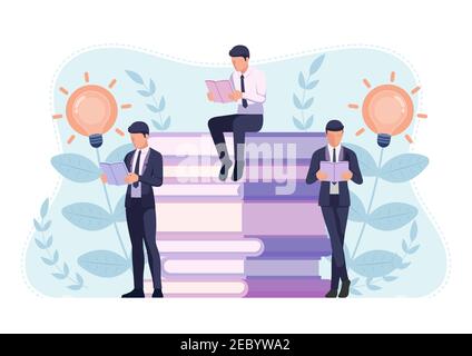 Gruppe des Geschäftsmannes, der um Stapel Bücher liest. Business Knowledge und Bildungskonzept. Stock Vektor