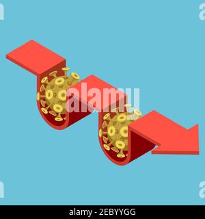 Flache grafik: isometrische Covid-19-Virusauswirkung auf Finanzpfeilkurve 3D. Konzept Der Finanzkrise. Stock Vektor