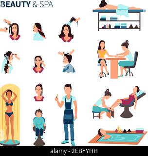 Flat Beauty Salon Spa Set mit männlichen und weiblichen Menschen Und verschiedene Schönheitsverfahren auf weißem Hintergrund Vektorgrafik Stock Vektor