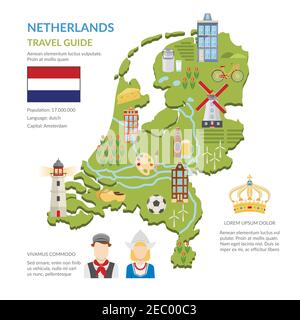 Flaches Design niederlande Reiseführer Infografiken präsentiert grüne Karte mit niederländische Symbole Flagge und nationale Kostüme auf weißem Hintergrund Vektor illust Stock Vektor