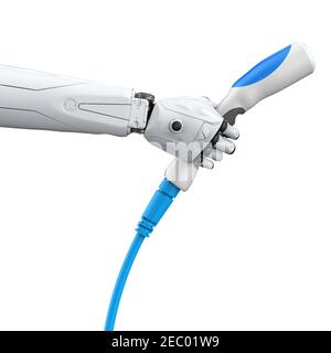 Automatische elektrische Ladestation Konzept mit 3D Rendering Roboter Hand Halten Sie das EV-Ladegerät Stockfoto