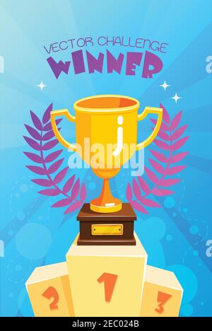 Vector Challenge Gewinner goldene Trophäe mit symbolischen Olivenblätter Preis Auf dem Podium mit blauen Blasen Hintergrund abstrakte Illustration Stock Vektor
