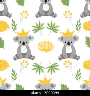 Nahtloses Muster auf weißem Hintergrund, in Vektorgrafiken - niedliche Koala, Blätter und gelbe Blume. Zum Dekorieren von Textilien, Bezügen, Drucken für Stock Vektor