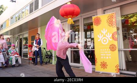 Wellington. Februar 2021, 13th. Eine Frau führt Yangko Dance, einen beliebten chinesischen Volkstanz, für die Bewohner von Wellingtons Central Park, Neuseeland, Feb,13, 2021. Die Gemeinschaftsfeier des chinesischen Neujahrs fand im Central Park von Wellington statt, mit chinesischer Musik, Traditionen und Segnungen. Quelle: Zhang Jianyong/Xinhua/Alamy Live News Stockfoto