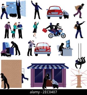 Bewaffnete Einbrecher begehen Verbrechen flache Symbole auf weißem Hintergrund gesetzt Isolierte Vektordarstellung Stock Vektor