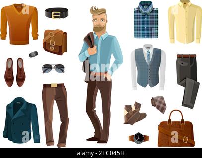 Mode formelle Kleidung Schuhe Accessoires Set und Hipster Mann mit Mantel über seine Schulter in der Mitte auf weißem Hintergrund Cartoon Isolierte Vektorillust Stock Vektor