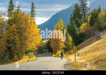 Vermilion Lakes Road im Herbst Laubsaison sonniger Tag. Banff Legacy Trail, Banff National Park, Canadian Rockies, Alberta, Kanada.