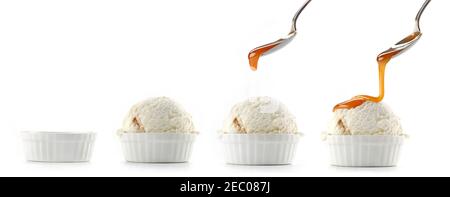 Eis mit Karamellsauce auf weißem Hintergrund isoliert Stockfoto
